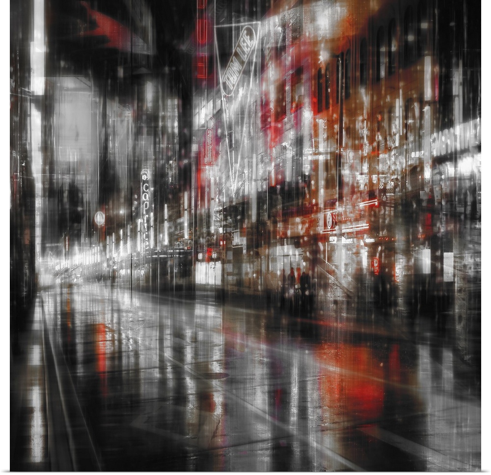 Conceptual image of a rainy city street scene at night in multiple exposures, creating an illusion of movement.