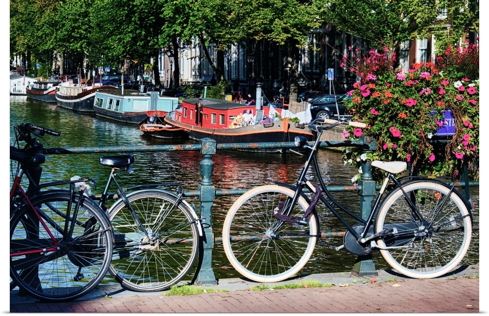 Classic bicycles on a bridge, Amsterdam, Netherlands.