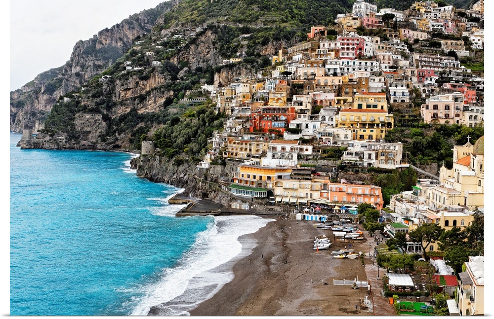 High angle close up view of the beach and Town of Positano, Campania, Italy.