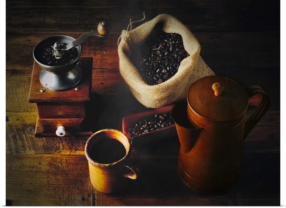 Close Up View of a Traditional Coffee Brew, Hand Grinder, Fresh Beans and Classic Cofee Pot.