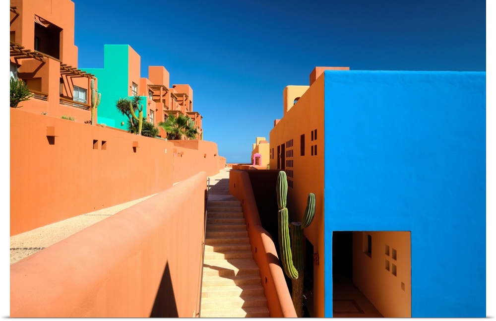 View of colorful Adobo style building exteriors, Cabo San Lucas, Baja California Sur, Mexico.