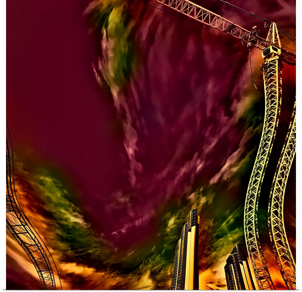 Warped and twisted image of cranes at a construction site, with a dark purple sky and green light.