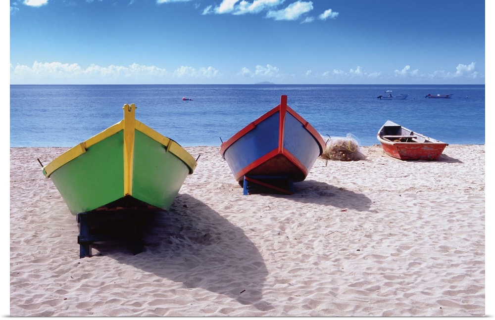 Frontal view of fishing boats on Crash Boat beach, Puerto Rico.