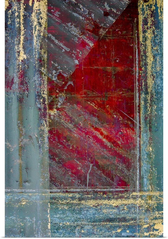 Abstract artwork featuring distressed textures running in all directions to create an aged look.