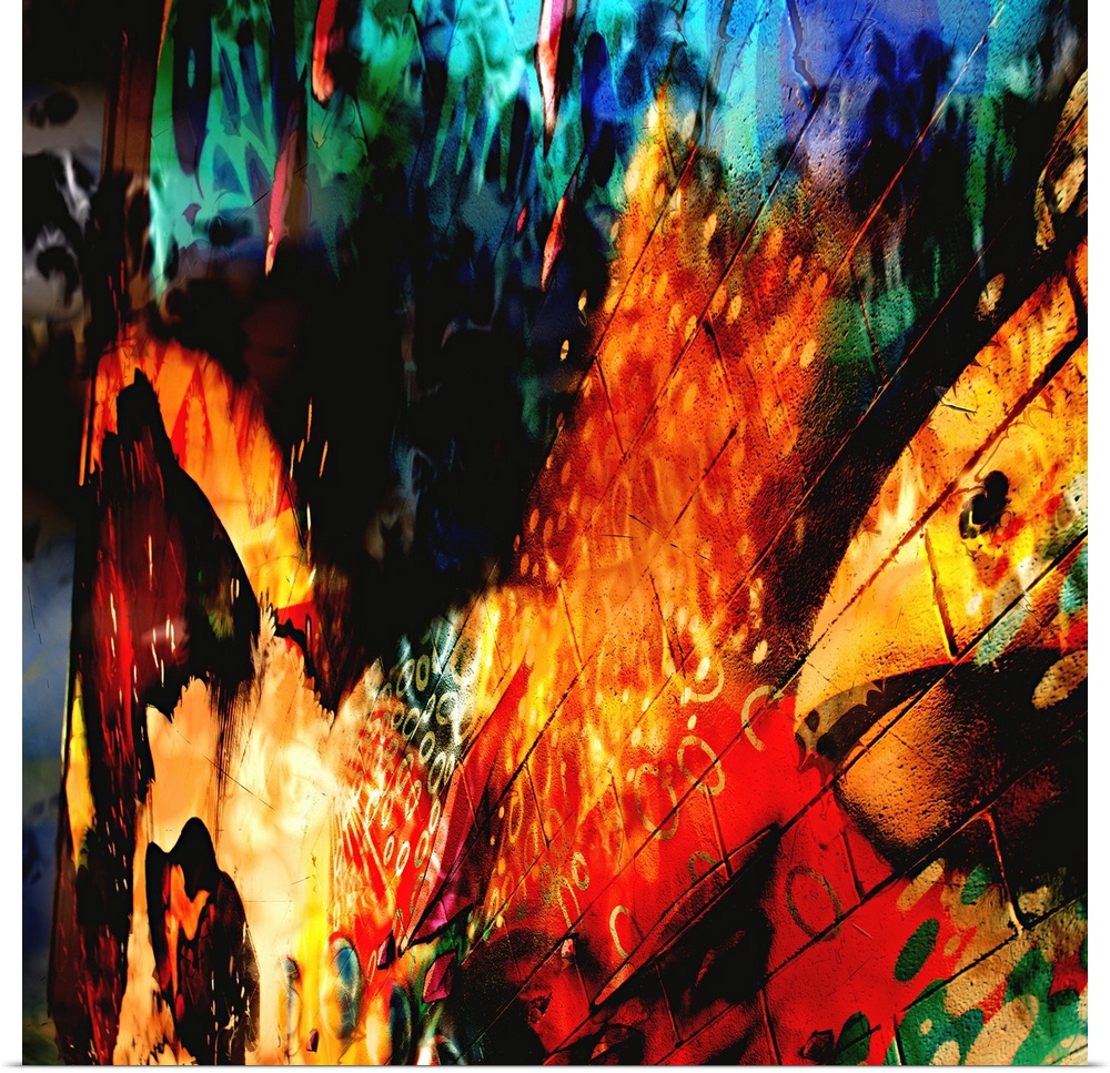 Intense fiery colors and warped imagery of a city street scene, creating an abstract image.