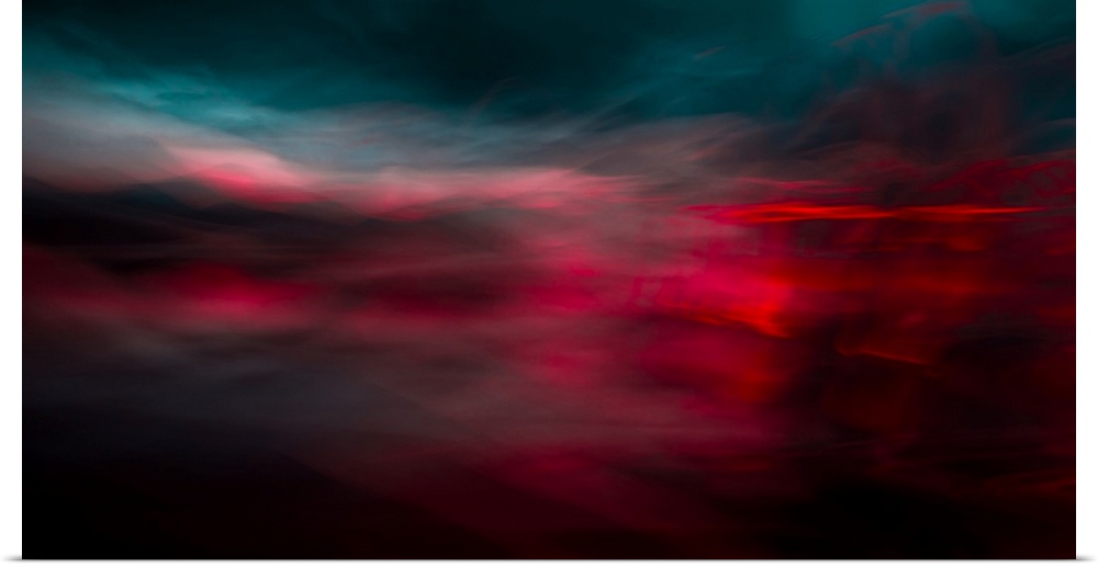 An impressionistic dreamy blurred Turneresque seascape of swirling water and sky in dramatic deep turquoise and vivid pink...