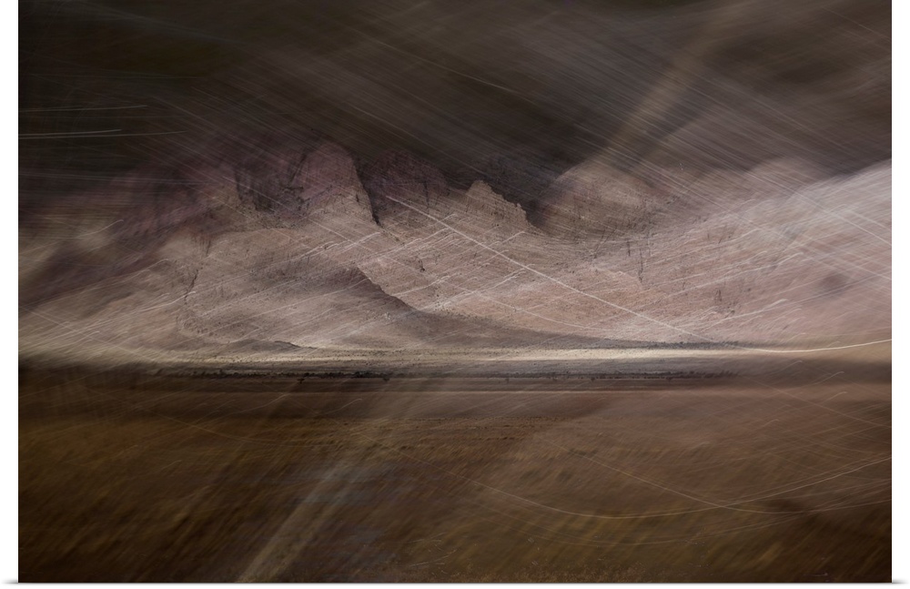 Abstract image of a desert storm with thin lines on top creating movement and a rocky textured background.
