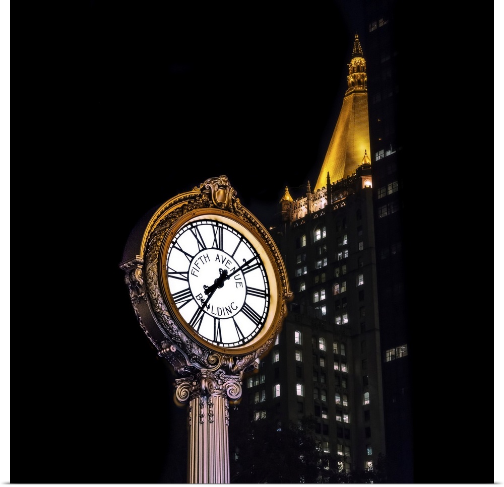 On New York City Manhattan's Fifth Avenue, an ornate lit white Roman numeral clock with golden glints surrounding its face...