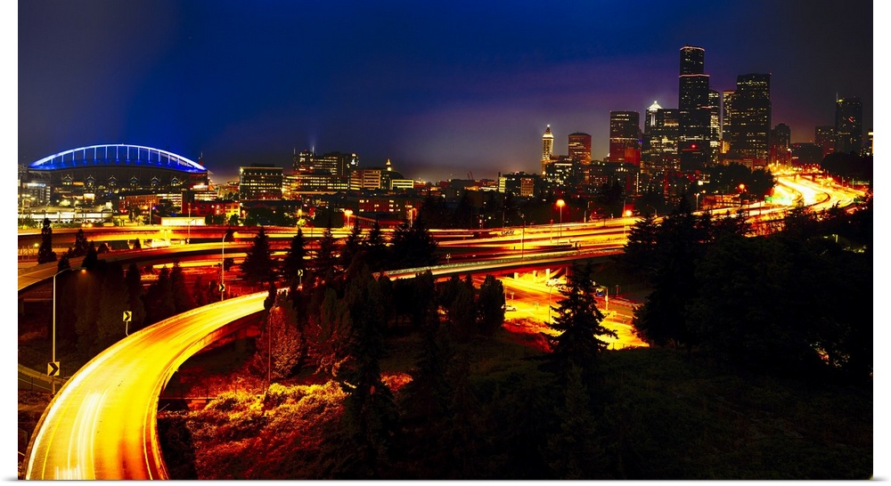 Downtown Seattle At Night with Freeways Passing Through, Washington, USA