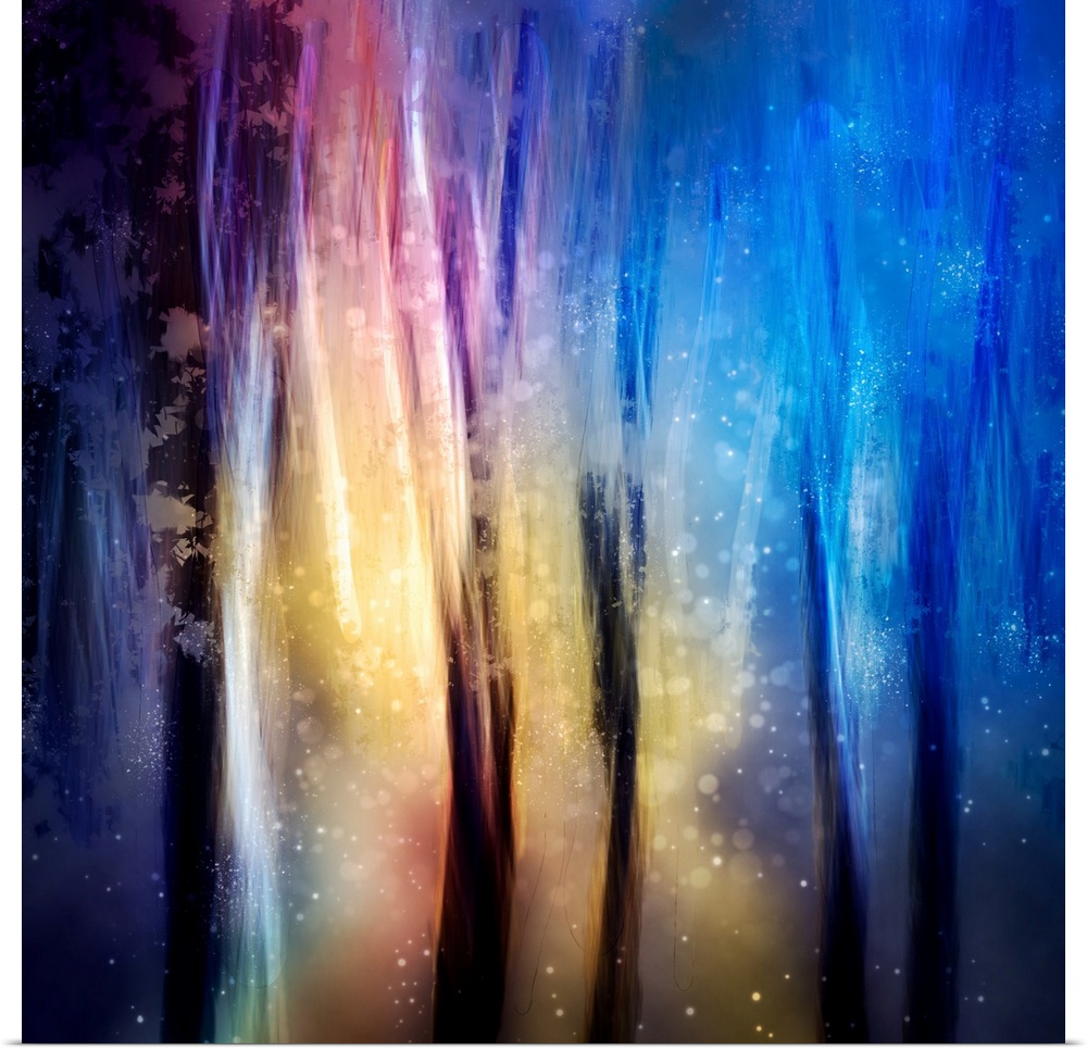 Square abstract photograph with mystical shades of blue, purple, yellow, and pink and dark vertical lines on top with tran...