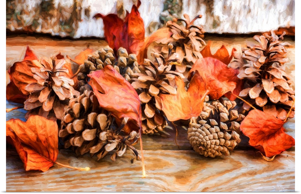 Fine art photograph of Autumn leaves and pine cones on a wooden background with a painted look.