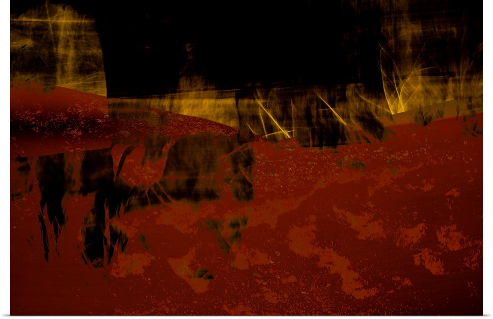 Abstract image with deep red, black, and golden hues layered together to create texture.