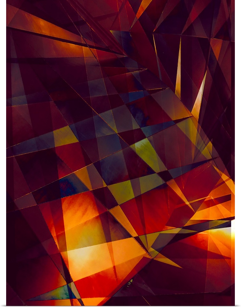 Abstract photograph made of intersecting angles and lines in varying fiery shades.
