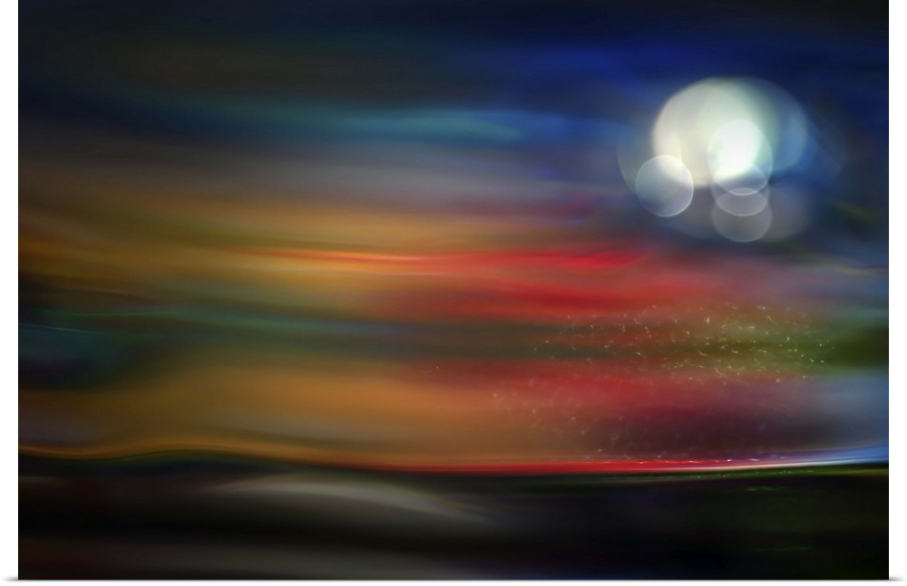 Abstract photograph of blurred and blended colors and flowing lines with a glowing moon.