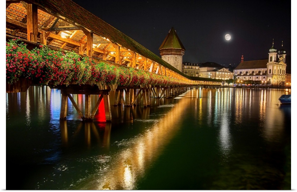 Scenic Night View of the Chapel Bridge in Old Town Lucerne, Switzerland