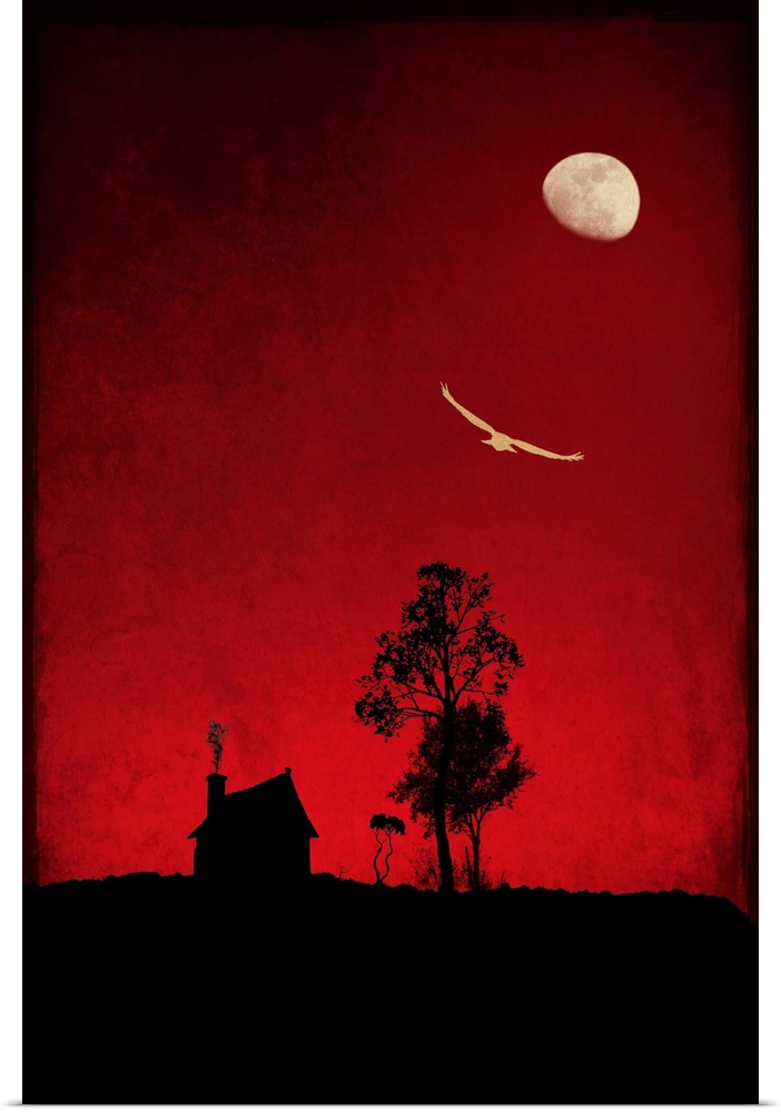 Red sky on a full moon night with a hut and a bird