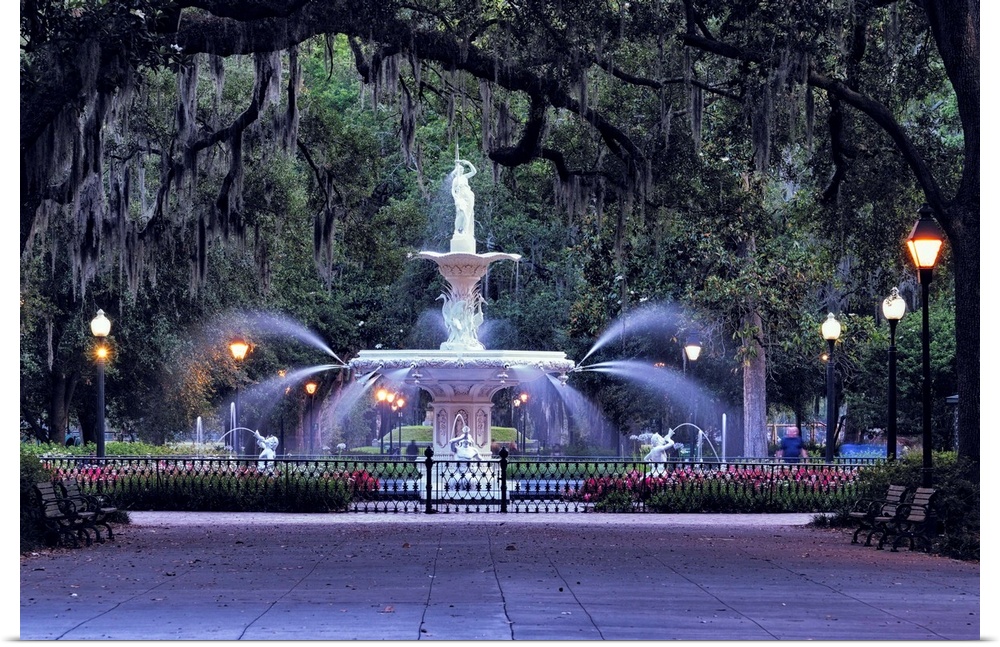 View of the Forsyth Park Fountain Through Spanish Moss Draped Oak Trees at Dusk, Savannah, Georgia