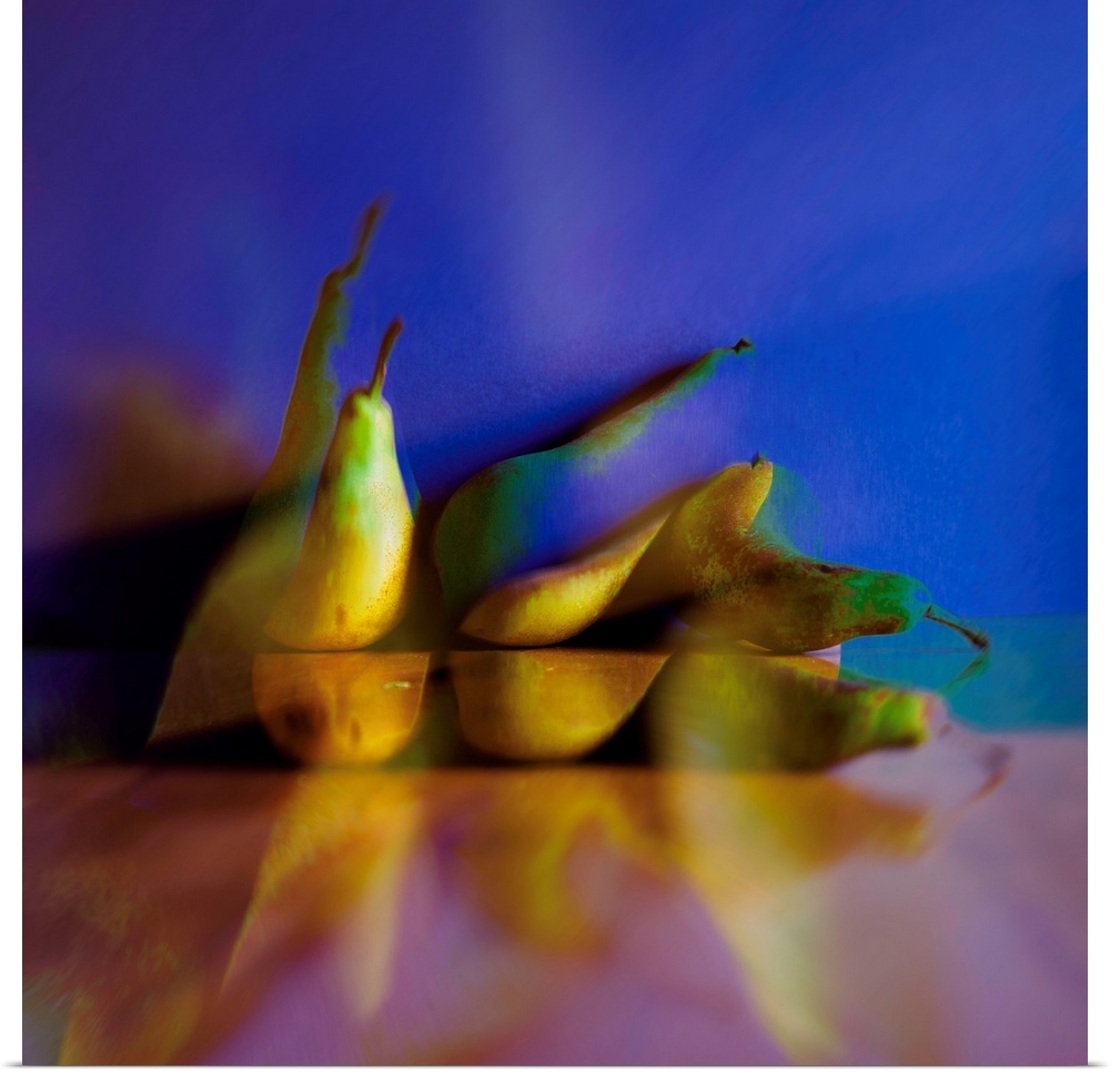 Square photograph of pears on a blue and pink background with an abstract feel.