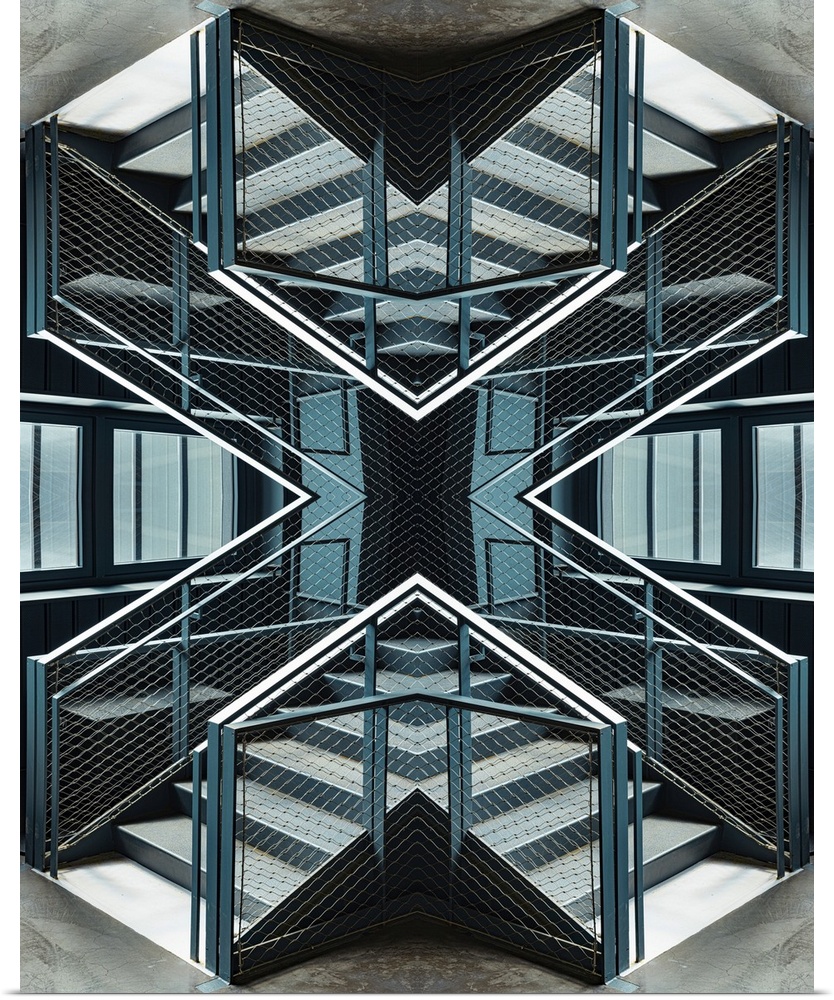 An Escher-like abstract geometric photograph using a kaleidoscopic technique featuring strident lines of silver and teal b...
