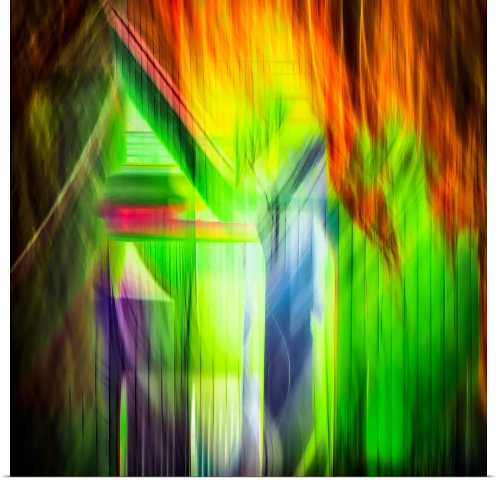Triple exposure photo using ICM (Intentional Camera Movement) for each exposure; this is a study of a building painted gre...