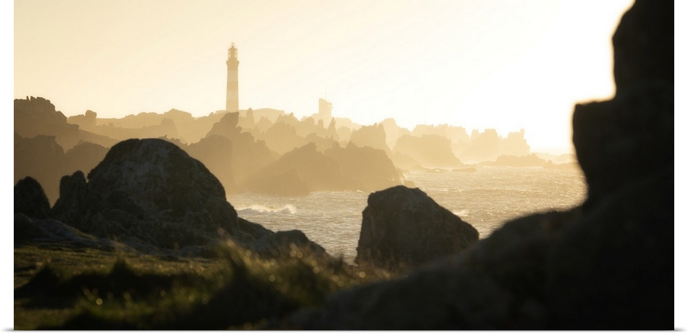 The creac'h lighthouse on Ouessant island in Brittany, France, on a sunshine day, panoramic view.