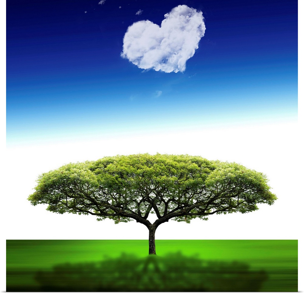 A tree and a cloud in the shape of a heart