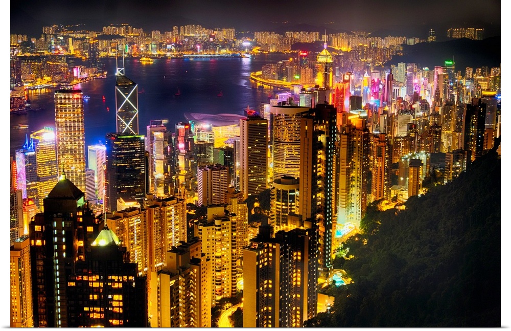 High angle view of Hong Kong night skyline from the Victoria Peak.