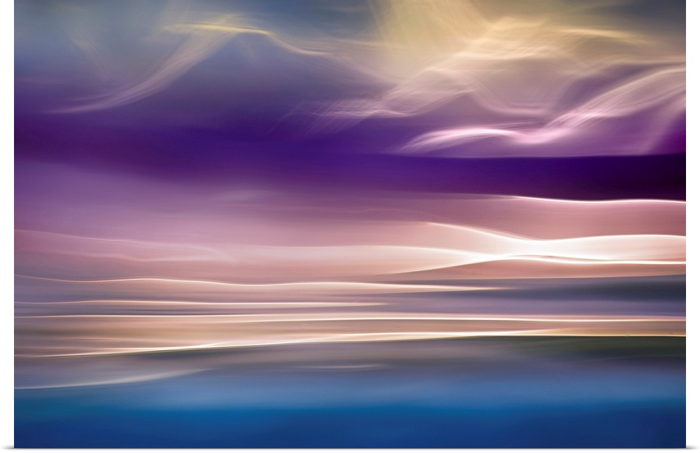 Abstract photograph with beams of light resembling mountains, in shades of pink and blue.