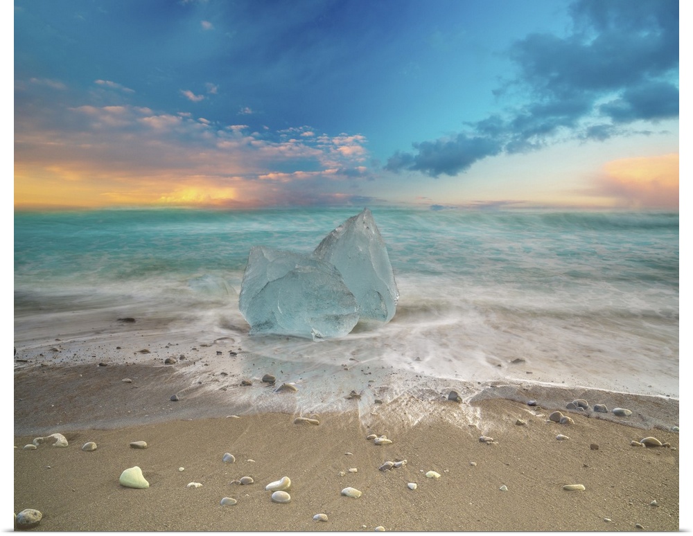 A piece of iceberg washed ashore by the current of the North Sea. In Iceland it is common to find icebergs on the beach. T...