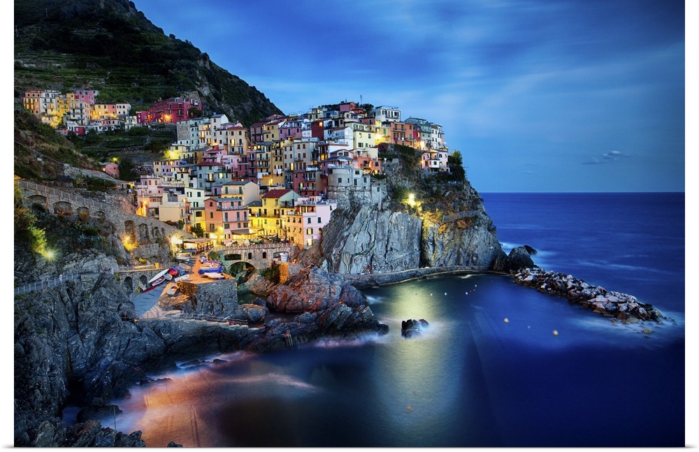 Cliffside town at night, Manarola, Liguria, Italy.