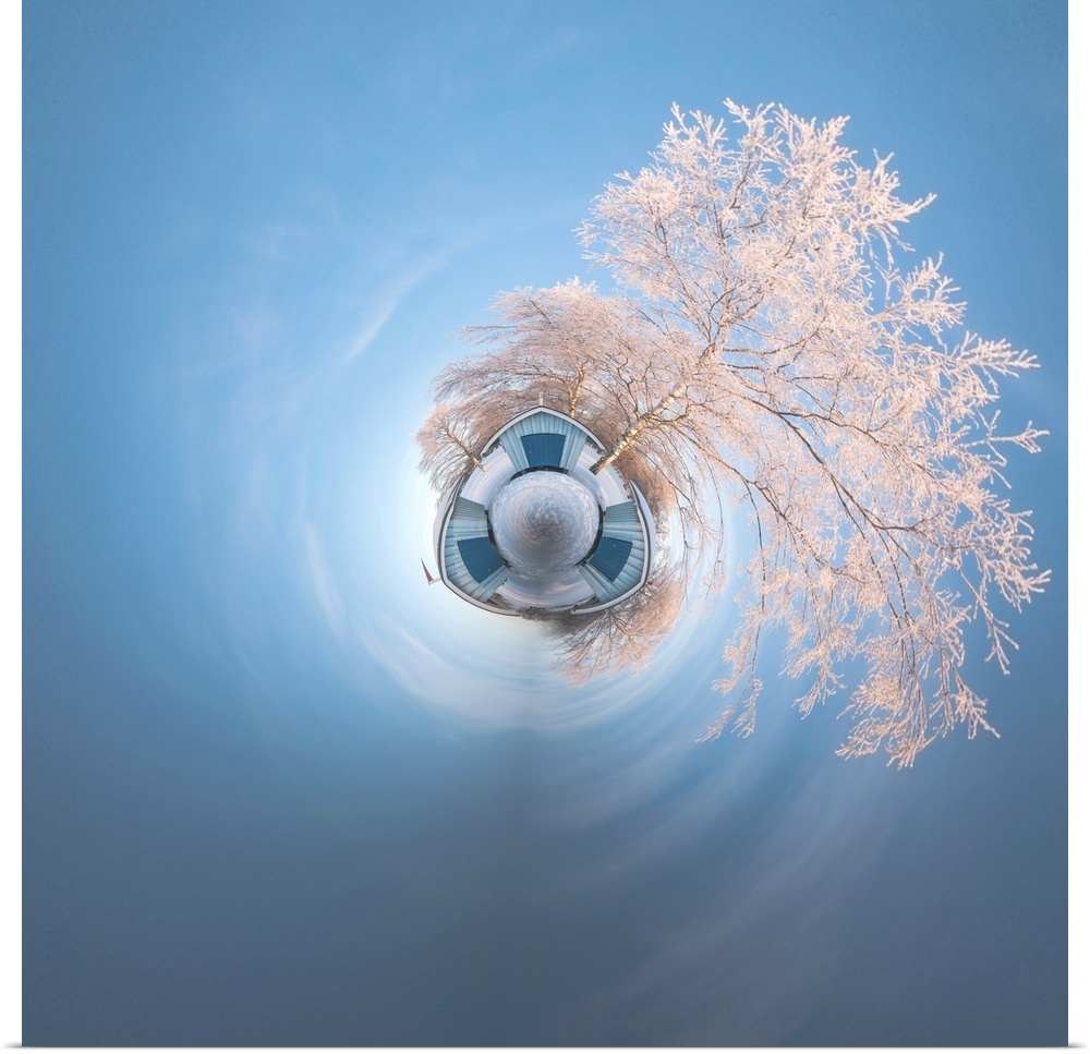 A tree covered in frost in the winter against a blue sky, with a stereographic projection effect on the image, resembling ...