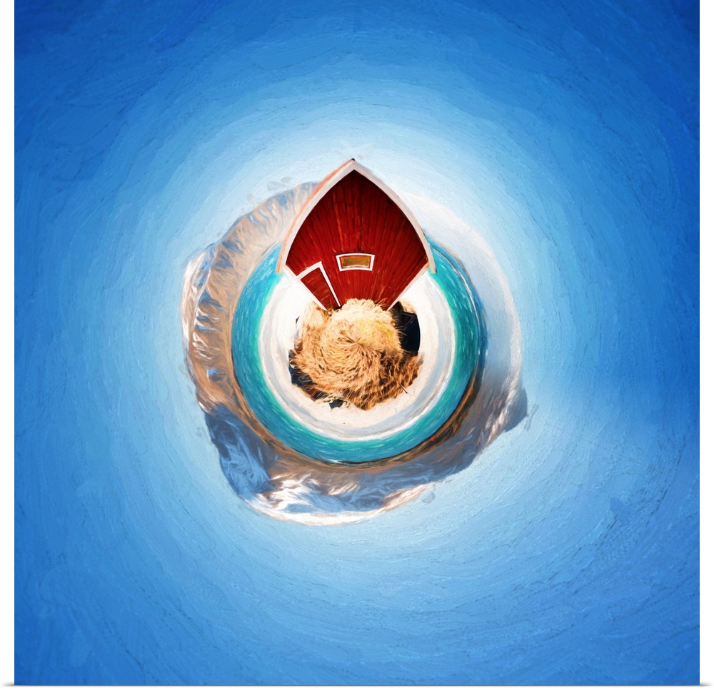 A red barn with mountains in the winter, with a stereographic projection effect on the image, resembling a tiny planet.