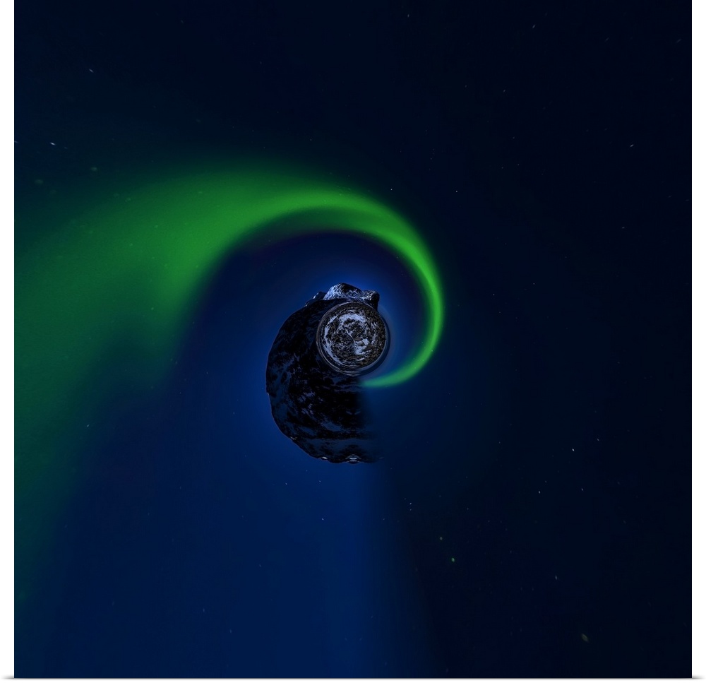 A green aurora borealis spiraling into the night sky, with a stereographic projection effect on the image, resembling a ti...