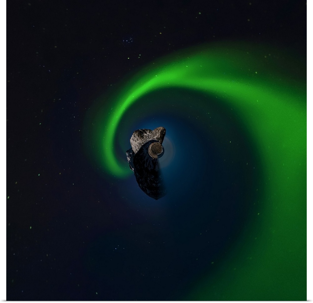 Swirling green aurora borealis, with a stereographic projection effect on the image, resembling a tiny planet.