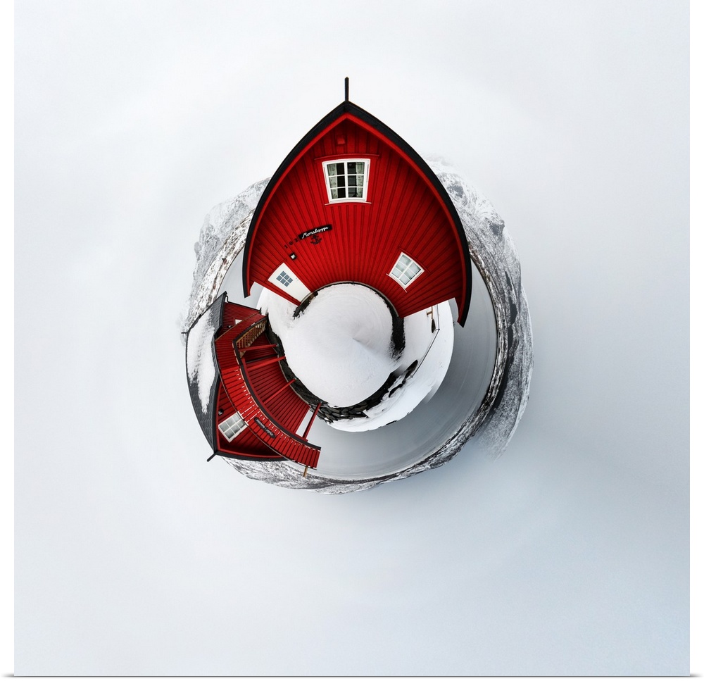 A bright red barn standing out against the stark white snow, with a stereographic projection effect on the image, resembli...