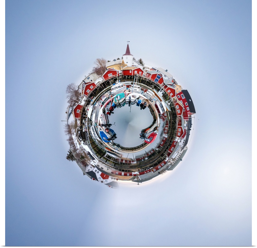 Several red fishing shacks at the edge of a seaside town, with a stereographic projection effect on the image, resembling ...