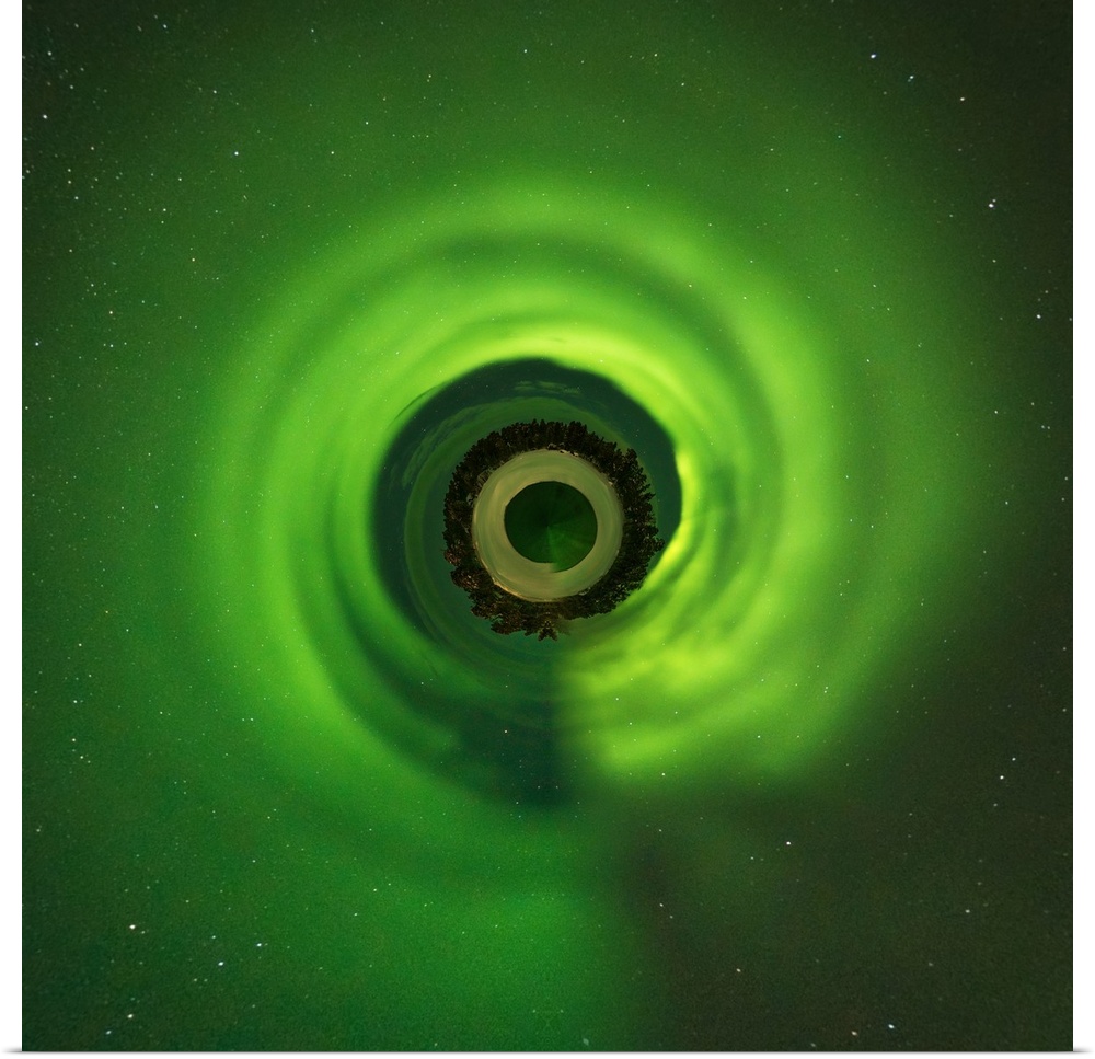Stunning green aurora borealis in the sky, with a stereographic projection effect on the image, resembling a tiny planet.