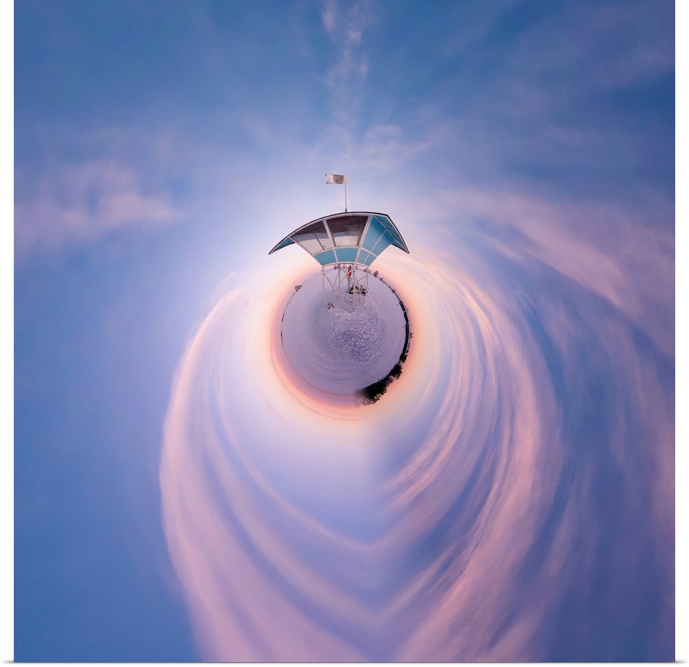 A lifeguard tower on a beach in pastel sunset light, with a stereographic projection effect on the image, resembling a tin...