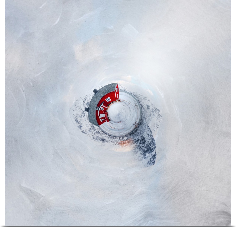 A red barn surrounded by tall mountains in the winter, with a stereographic projection effect on the image, resembling a t...