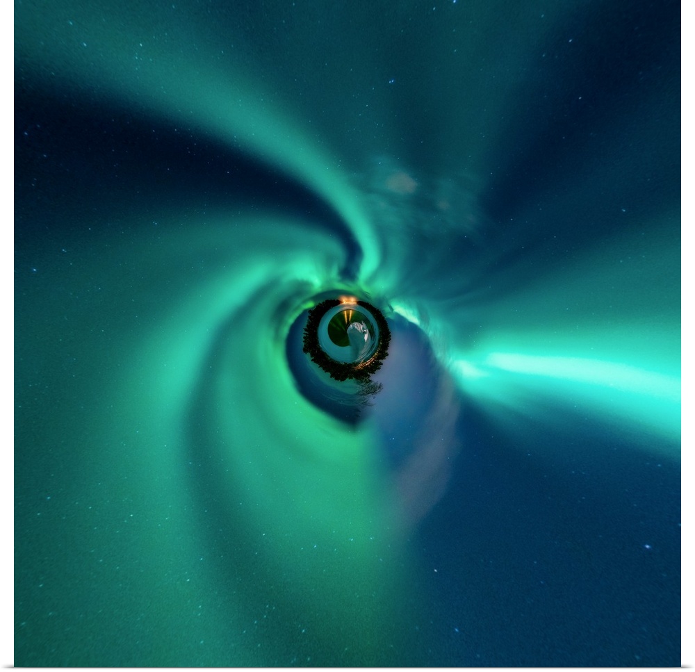 The Northern Lights glowing green at night, with a stereographic projection effect on the image, resembling a tiny planet.