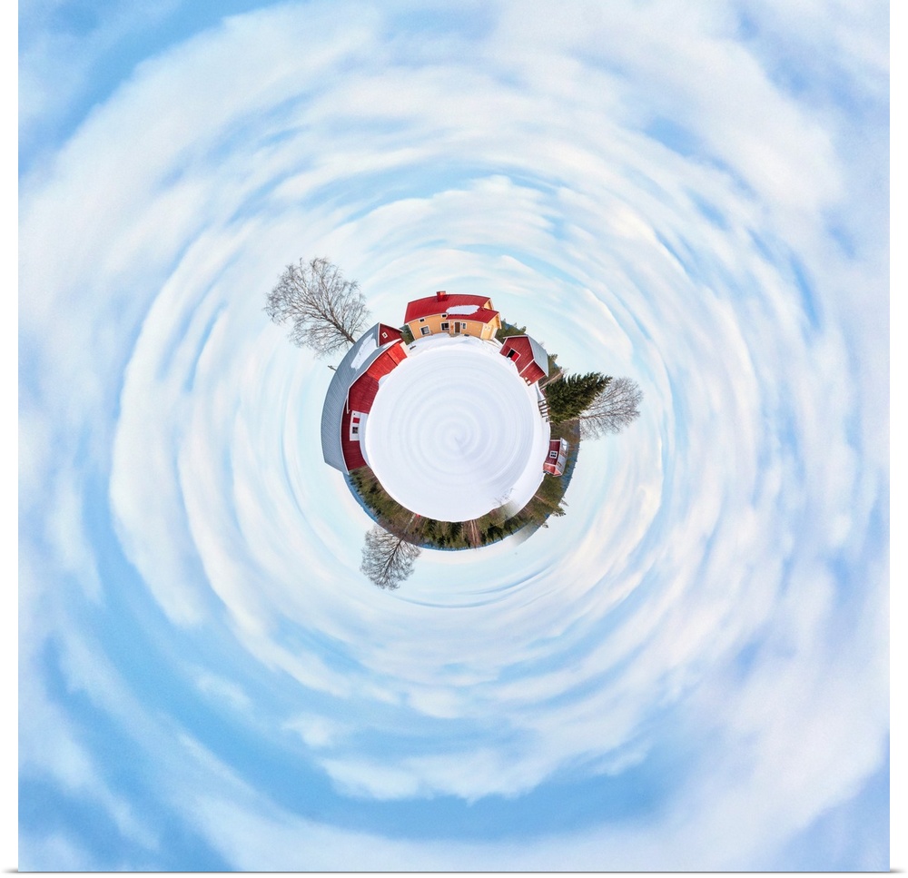 A red barn and farmhouse on a snowy field, under a blue cloudy sky, with a stereographic projection effect on the image, r...