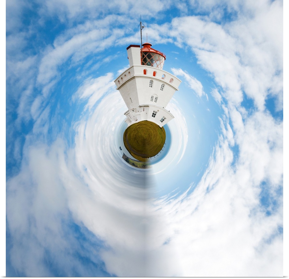 A tall white building rising into the cloudy sky, with a stereographic projection effect on the image, resembling a tiny p...