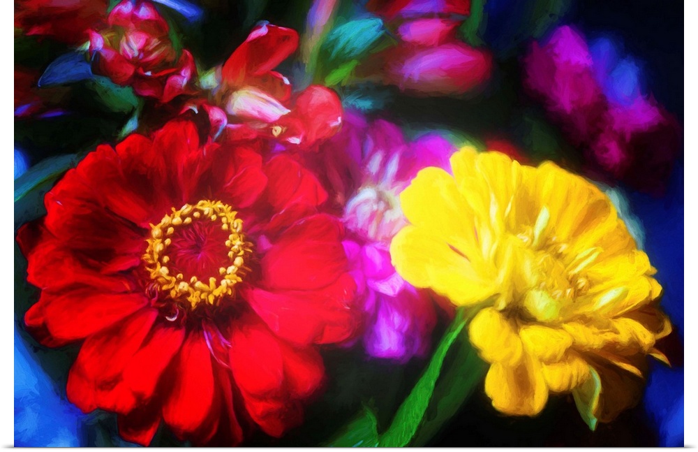 Close-up photograph of yellow, purple, and red flowers with a painted look finish.