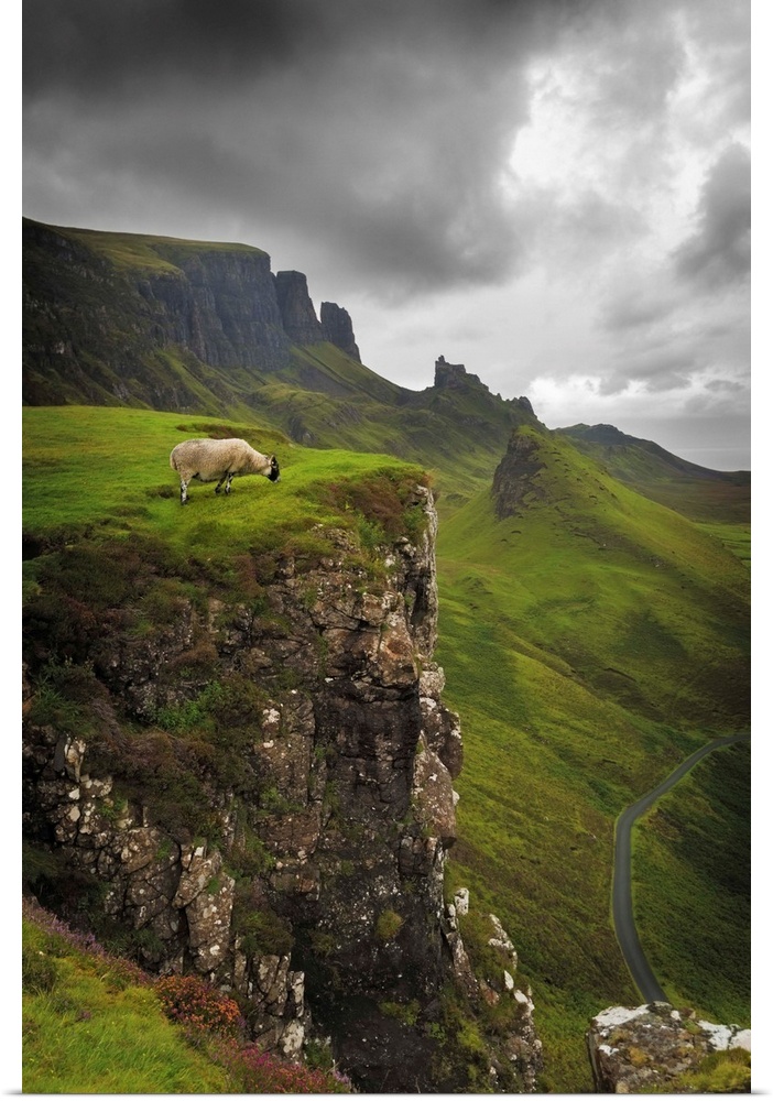 Fine art photo of a misty valley surrounded by steep cliffs with a sheep on one ledge.