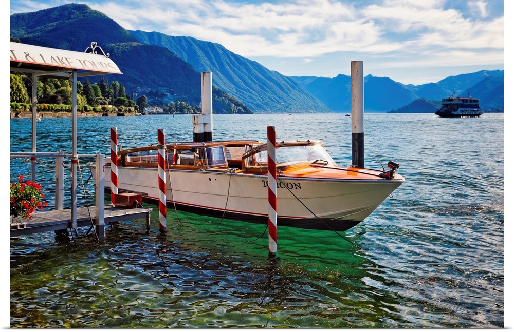 Fine art photo of a boat at the dock in a lake in Como, Italy.