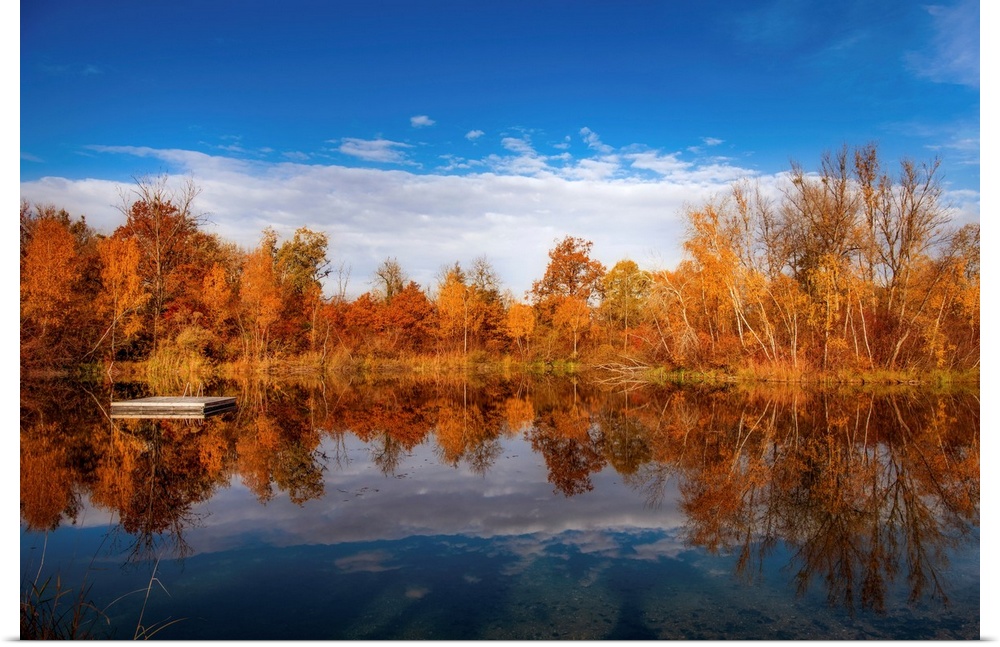 Autumn scenery around a lake under a beautiful blue sky