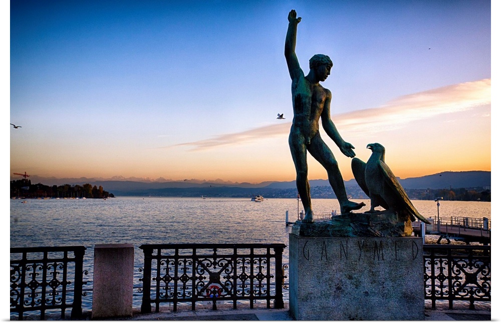 Statue of  Ganymed on the Zurich Lake at Sunset, Switzerland