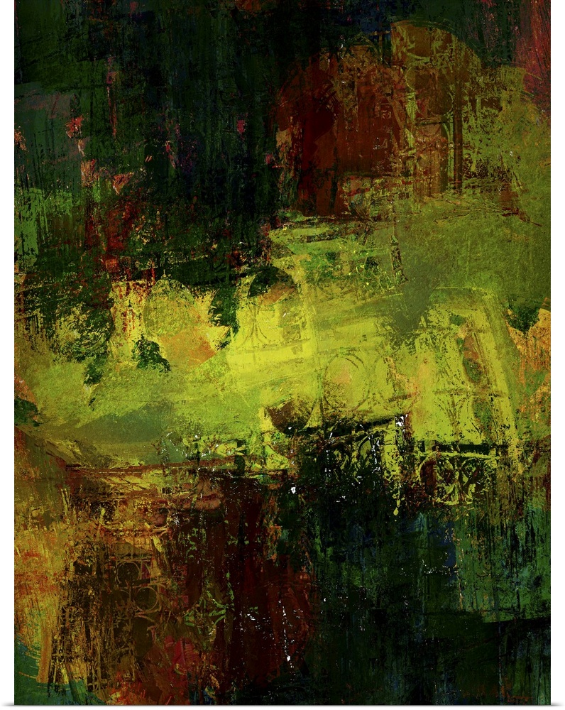 An abstract expressionist image of shimmering textures in golds, russets and greens.