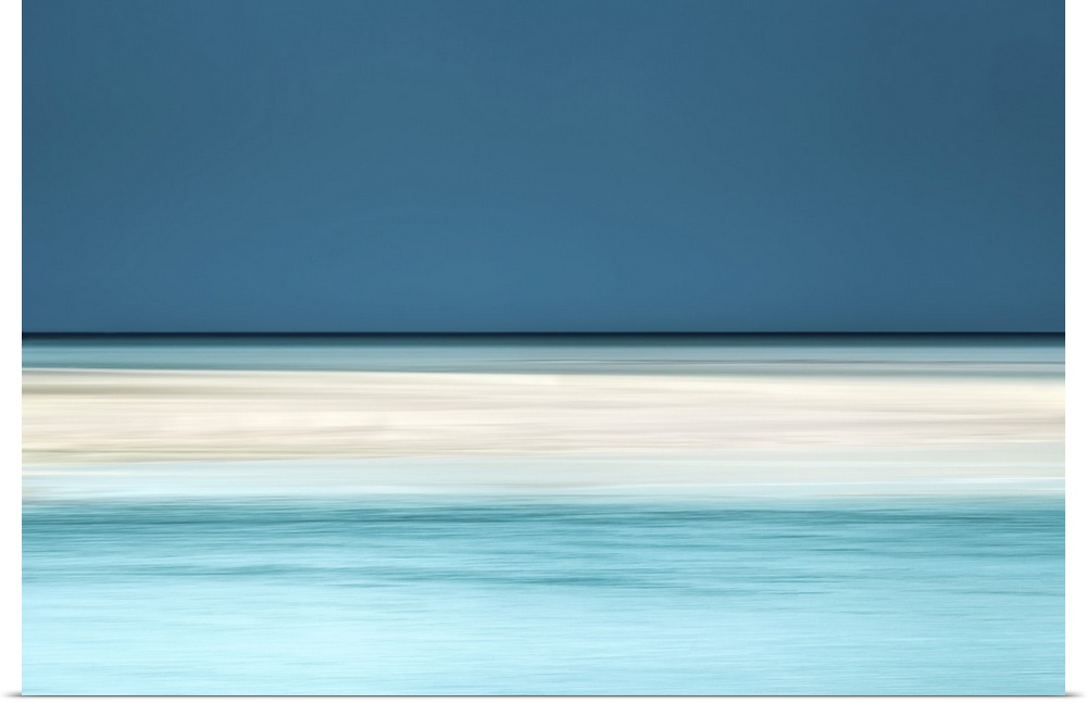 Minimalist abstract of summer water around a sandbank in cream and teal.