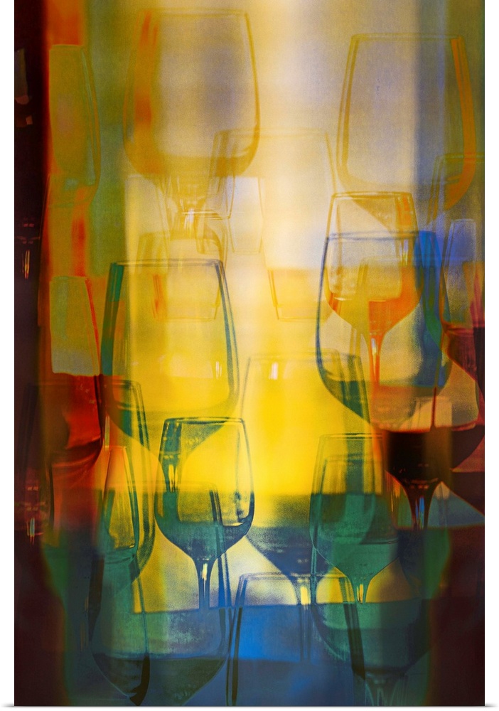 Fine art image with colorful wine glasses layered on top of each other in different sizes and colors.